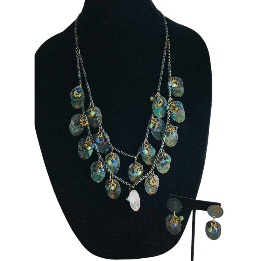 Artisan Copper Disc Dangle Statement Necklace Ear… - image 3